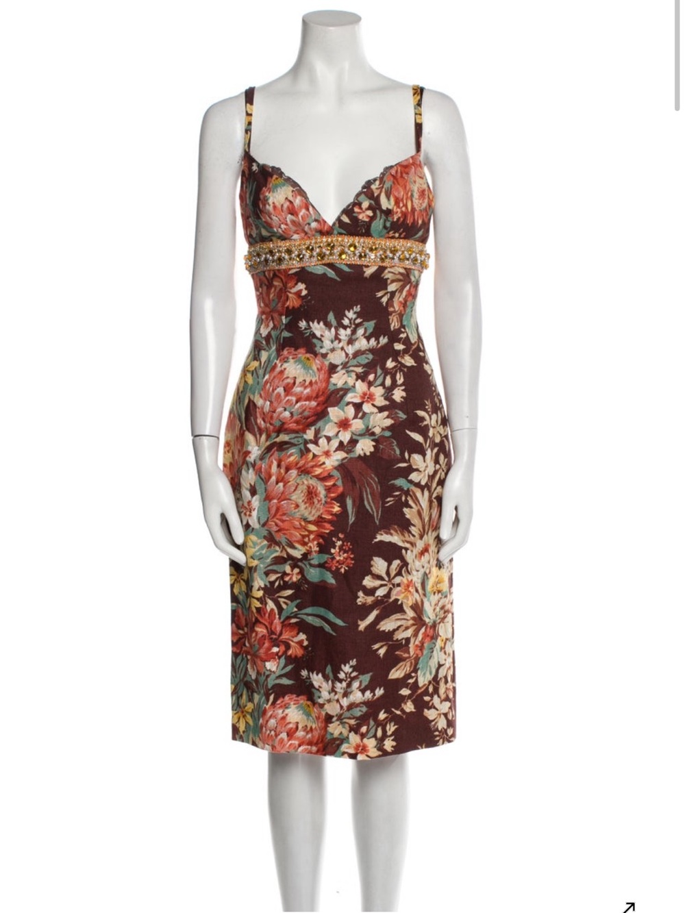 Dolce & Gabbana Brown Floral Print Length Dress vintage beaded archival Linen 42